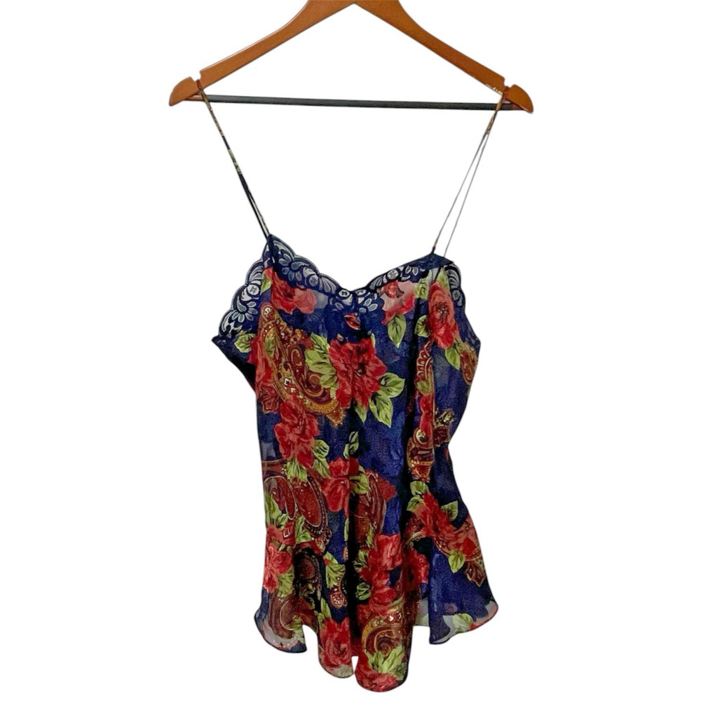 Vintage Victoria's Secret Gold Label 80s Blue Red Floral Lace Slip Chemise Sz Lg